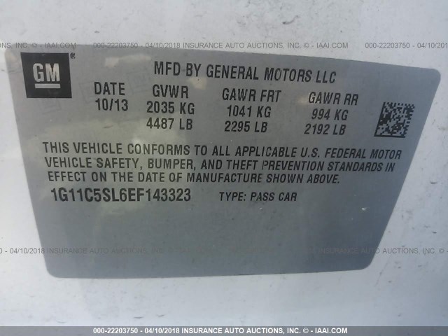 1G11C5SL6EF143323 - 2014 CHEVROLET MALIBU 1LT 白色 照片 9