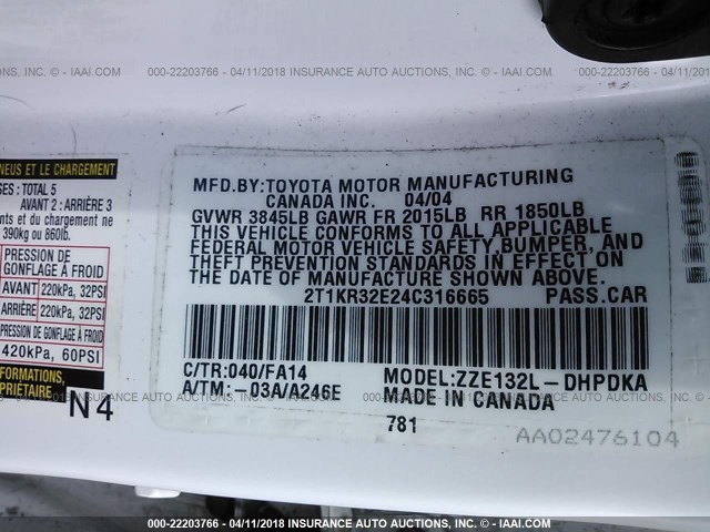 2T1KR32E24C316665 - 2004 TOYOTA COROLLA MATRIX XR WHITE photo 9