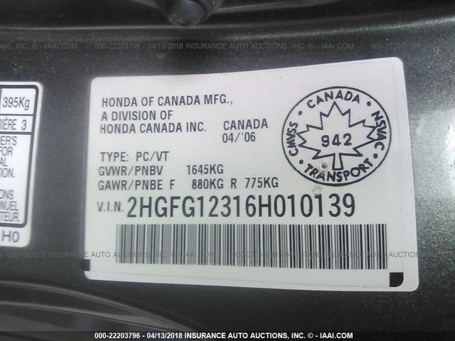 2HGFG12316H010139 - 2006 HONDA CIVIC DX VP GRAY photo 9