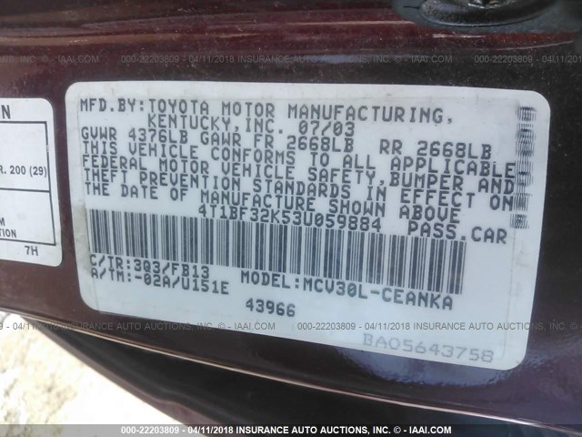 4T1BF32K53U059884 - 2003 TOYOTA CAMRY LE/XLE/SE RED photo 9