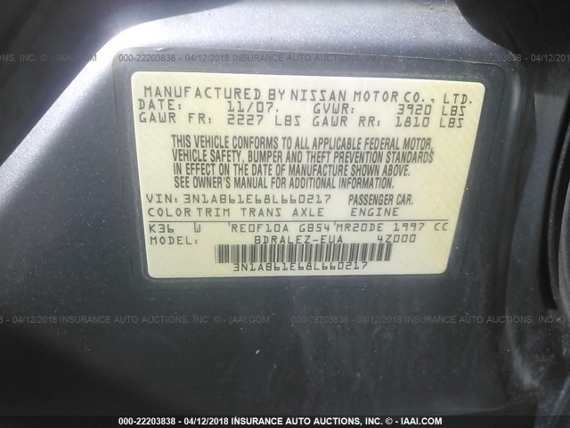 3N1AB61E68L660217 - 2008 NISSAN SENTRA 2.0/2.0S/2.0SL GRAY photo 9