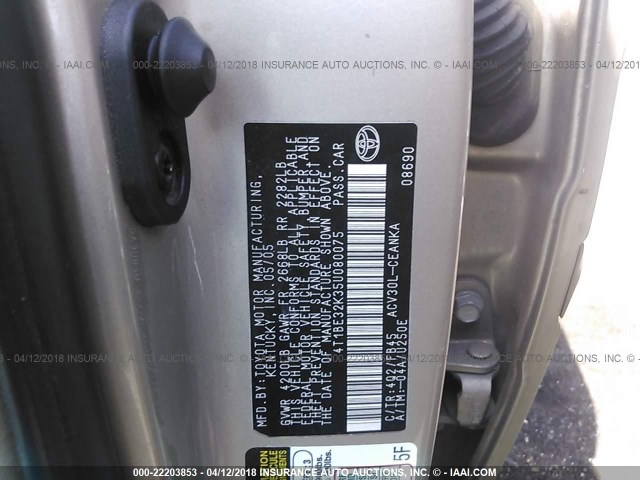 4T1BE32K35U080075 - 2005 TOYOTA CAMRY LE/XLE/SE 银色 照片 9