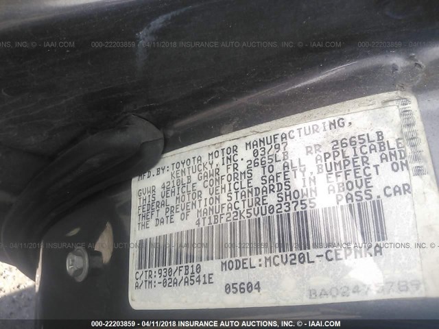 4T1BF22K5VU023755 - 1997 TOYOTA CAMRY CE/LE/XLE GRAY photo 9