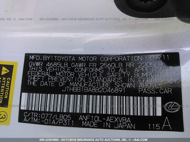 JTHBB1BA8B2046891 - 2011 LEXUS HS 250H WHITE photo 9