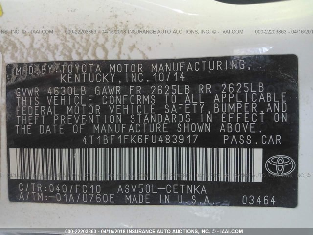 4T1BF1FK6FU483917 - 2015 TOYOTA CAMRY LE/XLE/SE/XSE Weiß Foto 9