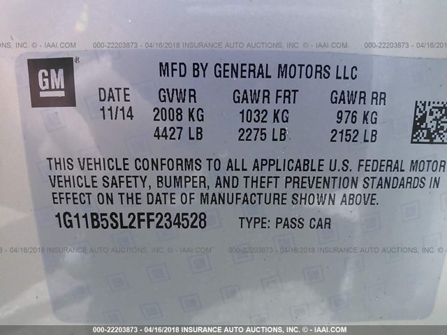 1G11B5SL2FF234528 - 2015 CHEVROLET MALIBU LS 金色 照片 9