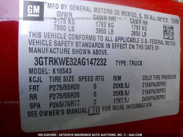 3GTRKWE32AG147232 - 2010 GMC SIERRA K1500 SLT RED photo 9