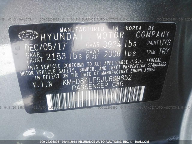 KMHD84LF5JU609852 - 2018 HYUNDAI ELANTRA SEL/VALUE/LIMITED GRAY photo 9