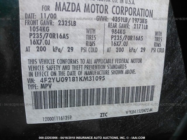 4F2YU09181KM31095 - 2001 MAZDA TRIBUTE LX/ES 绿色 照片 9