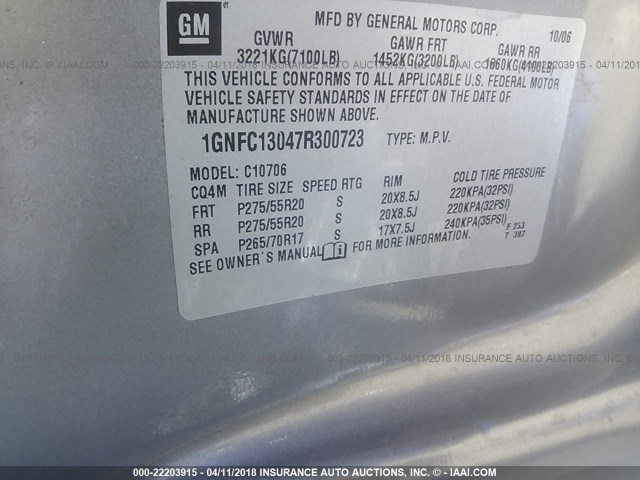 1GNFC13047R300723 - 2007 CHEVROLET TAHOE C1500 GRAY photo 9