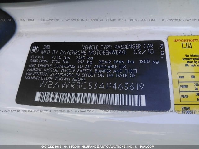 WBAWR3C53AP463619 - 2010 BMW 328 I SULEV WHITE photo 9