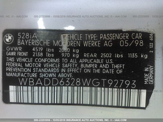 WBADD6328WGT92793 - 1998 BMW 528 I AUTOMATIC SILVER photo 9