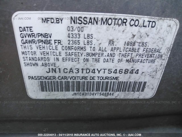 JN1CA31D4YT546844 - 2000 NISSAN MAXIMA GLE/GXE/SE GRAY photo 9