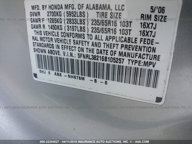 5FNRL38216B105257 - 2006 HONDA ODYSSEY LX SILVER photo 9