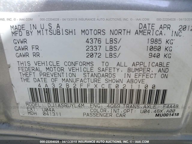 4A32B2FFXCE021100 - 2012 MITSUBISHI GALANT FE SILVER photo 9