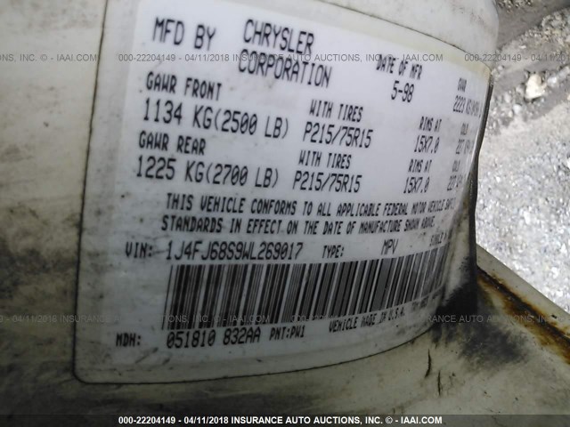 1J4FJ68S9WL269017 - 1998 JEEP CHEROKEE SPORT/CLASSIC თეთრი ფოტო 9