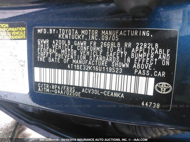 4T1BE32K16U119523 - 2006 TOYOTA CAMRY LE/XLE/SE ლურჯი ფოტო 9