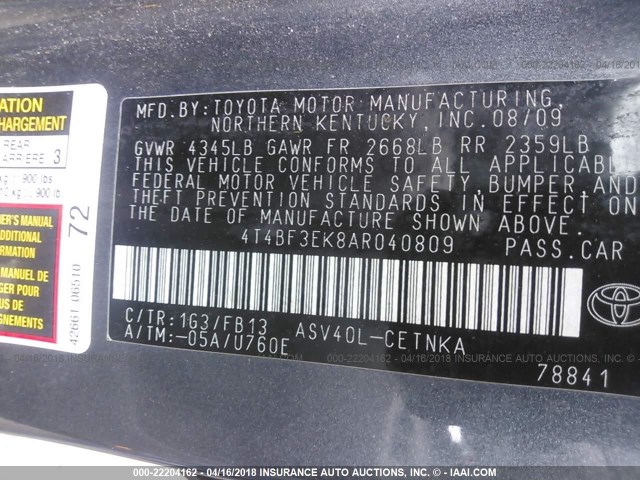 4T4BF3EK8AR040809 - 2010 TOYOTA CAMRY SE/LE/XLE Сұр фото 9