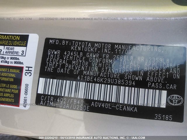 4T1BE46K29U385394 - 2009 TOYOTA CAMRY SE/LE/XLE TAN photo 9