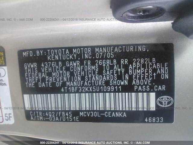 4T1BF32KX5U109911 - 2005 TOYOTA CAMRY LE/XLE/SE TAN photo 9