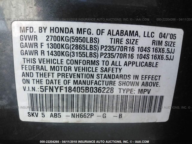 5FNYF18405B036228 - 2005 HONDA PILOT EX GRAY photo 9