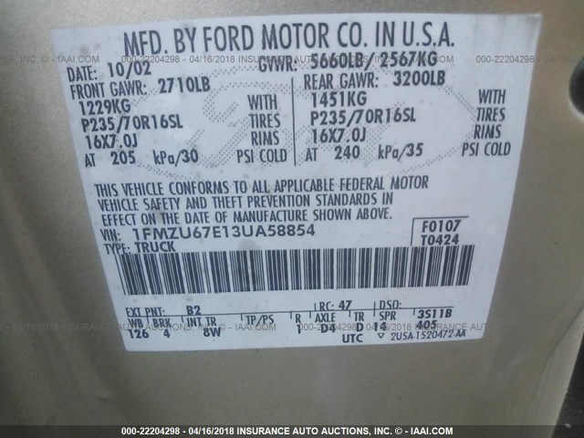 1FMZU67E13UA58854 - 2003 FORD EXPLORER SPORT TRAC  GOLD photo 9