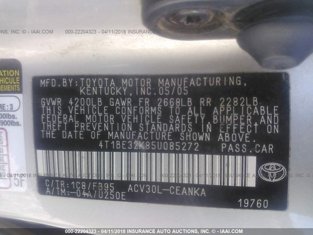 4T1BE32K85U085272 - 2005 TOYOTA CAMRY LE/XLE/SE ვერცხლისფერი ფოტო 9