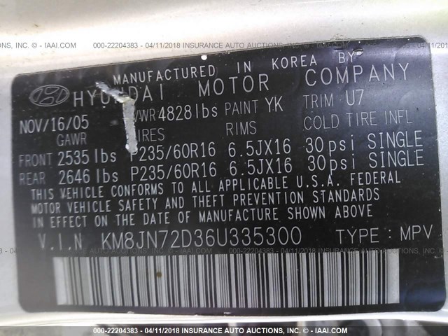 KM8JN72D36U335300 - 2006 HYUNDAI TUCSON GLS/LIMITED SILVER photo 9