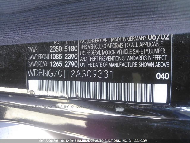 WDBNG70J12A309331 - 2002 MERCEDES-BENZ S 430 BLACK photo 9