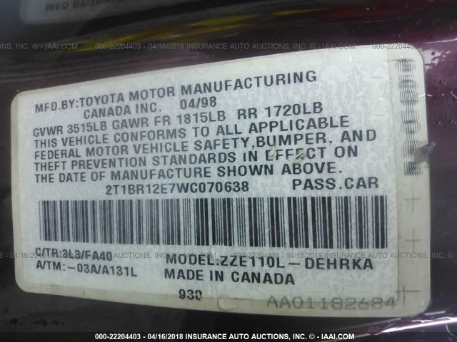 2T1BR12E7WC070638 - 1998 TOYOTA COROLLA VE/CE/LE 红色 照片 9