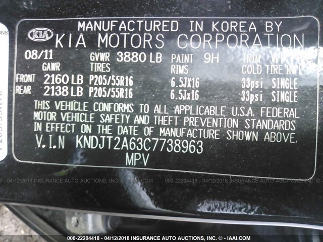 KNDJT2A63C7738963 - 2012 KIA SOUL +/!/SPORT BLACK photo 9