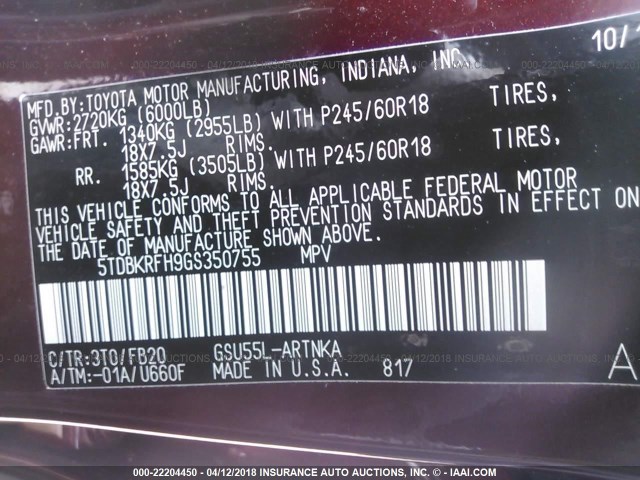 5TDBKRFH9GS350755 - 2016 TOYOTA HIGHLANDER LE/LE PLUS MAROON photo 9