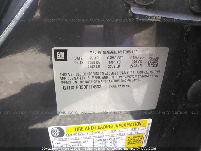 1G11D5RR5DF114532 - 2013 CHEVROLET MALIBU 1LT 灰色 照片 9