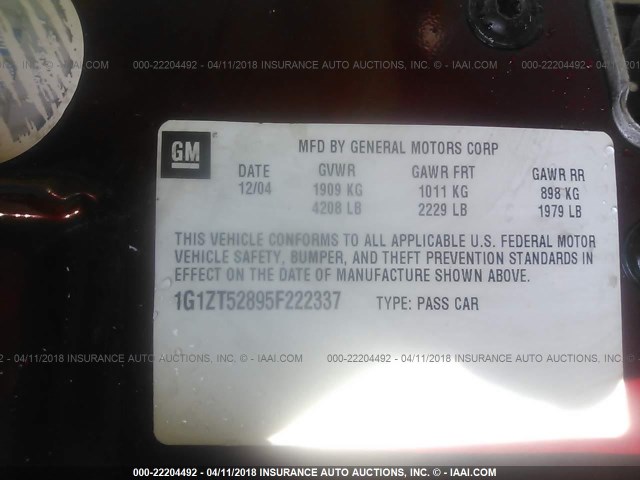 1G1ZT52895F222337 - 2005 CHEVROLET MALIBU LS 红色 照片 9