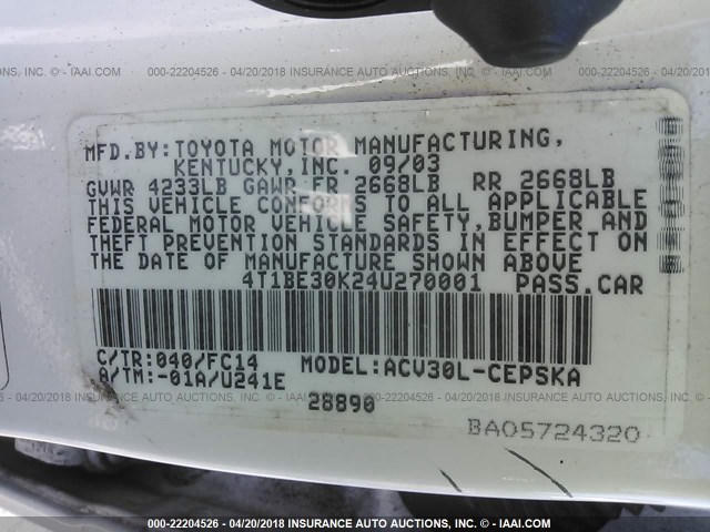 4T1BE30K24U270001 - 2004 TOYOTA CAMRY LE/XLE/SE 白色 照片 9