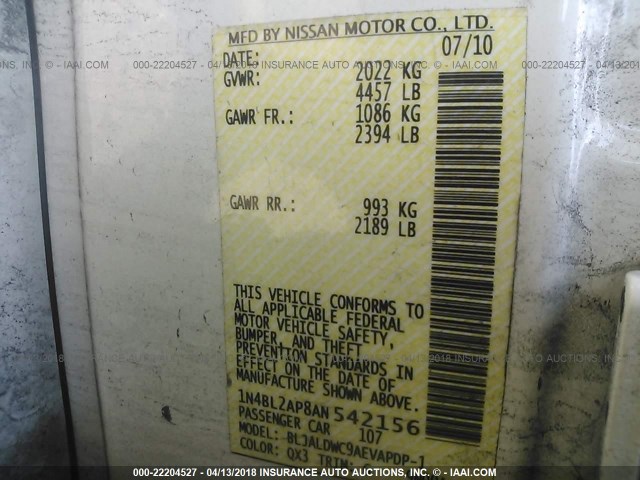 1N4BL2AP8AN542156 - 2010 NISSAN ALTIMA SR WHITE photo 9