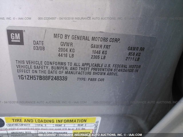 1G1ZH57B88F248339 - 2008 CHEVROLET MALIBU 1LT 银色 照片 9