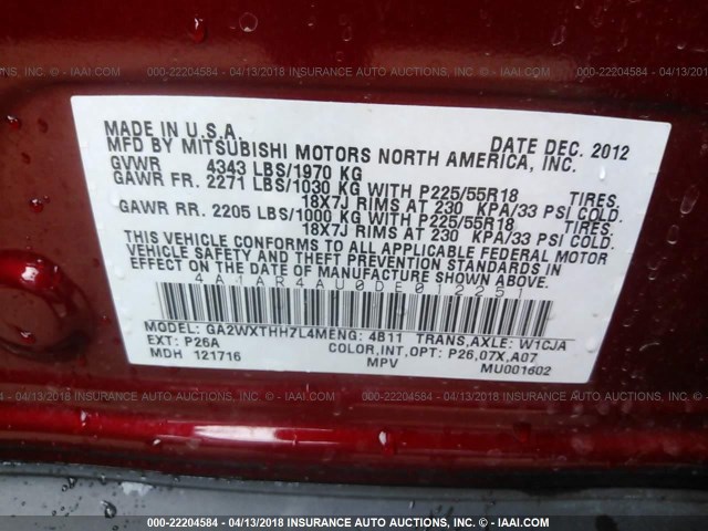 4A4AR4AU0DE012251 - 2013 MITSUBISHI OUTLANDER SPORT SE RED photo 9