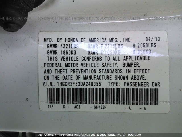 1HGCR2F53DA240355 - 2013 HONDA ACCORD SPORT თეთრი ფოტო 9