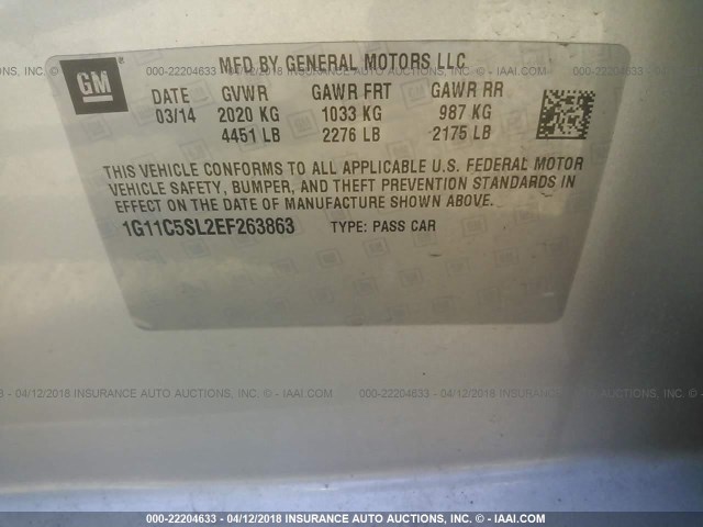 1G11C5SL2EF263863 - 2014 CHEVROLET MALIBU 1LT 银色 照片 9