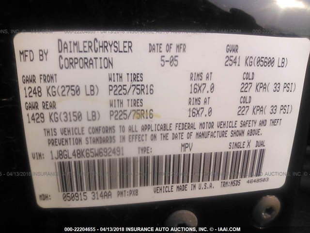 1J8GL48K65W692491 - 2005 JEEP LIBERTY SPORT 黑色 照片 9