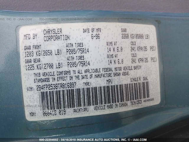 2B4FP2538TR816997 - 1996 DODGE CARAVAN BLUE photo 9