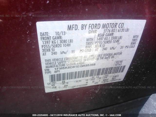 1FM5K8D81EGA95368 - 2014 FORD EXPLORER XLT RED photo 9