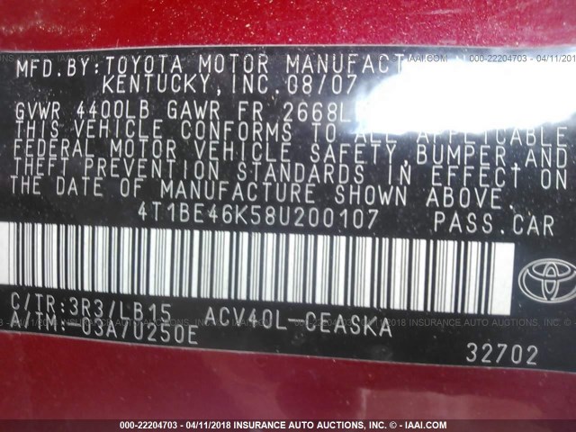 4T1BE46K58U200107 - 2008 TOYOTA CAMRY CE/LE/XLE/SE RED photo 9