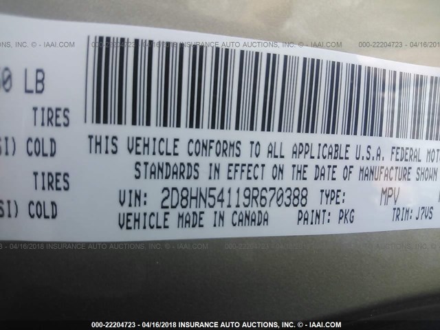 2D8HN54119R670388 - 2009 DODGE GRAND CARAVAN SXT TAN photo 9