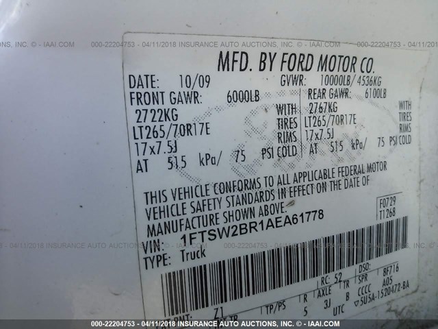 1FTSW2BR1AEA61778 - 2010 FORD F250 SUPER DUTY WHITE photo 9