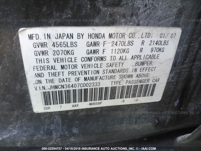 JHMCN36407C002333 - 2007 HONDA ACCORD HYBRID GRAY photo 9