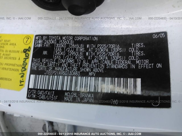 JTEEP21A950130883 - 2005 TOYOTA HIGHLANDER LIMITED WHITE photo 9