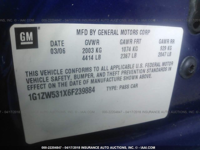 1G1ZW531X6F239884 - 2006 CHEVROLET MALIBU SS BLUE photo 9