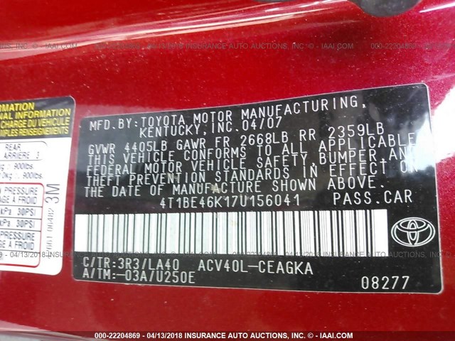 4T1BE46K17U156041 - 2007 TOYOTA CAMRY NEW GENERAT CE/LE/XLE/SE RED photo 9